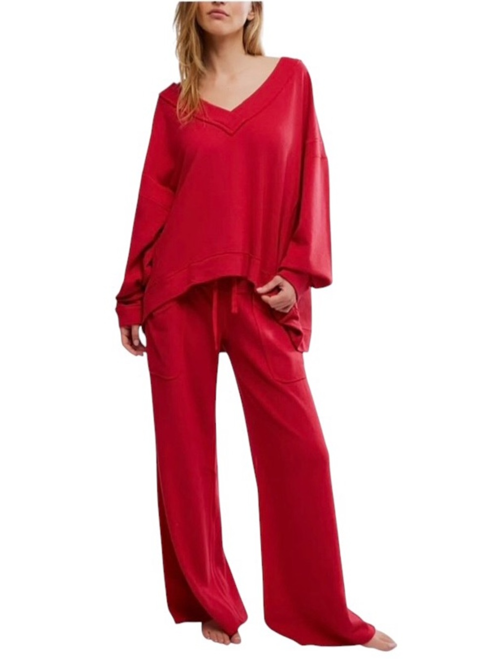 Free People Staycation V-Neck Pullover Lounge Top Sweatshirt L Cherry Red 🍒 - Picture 4 of 11